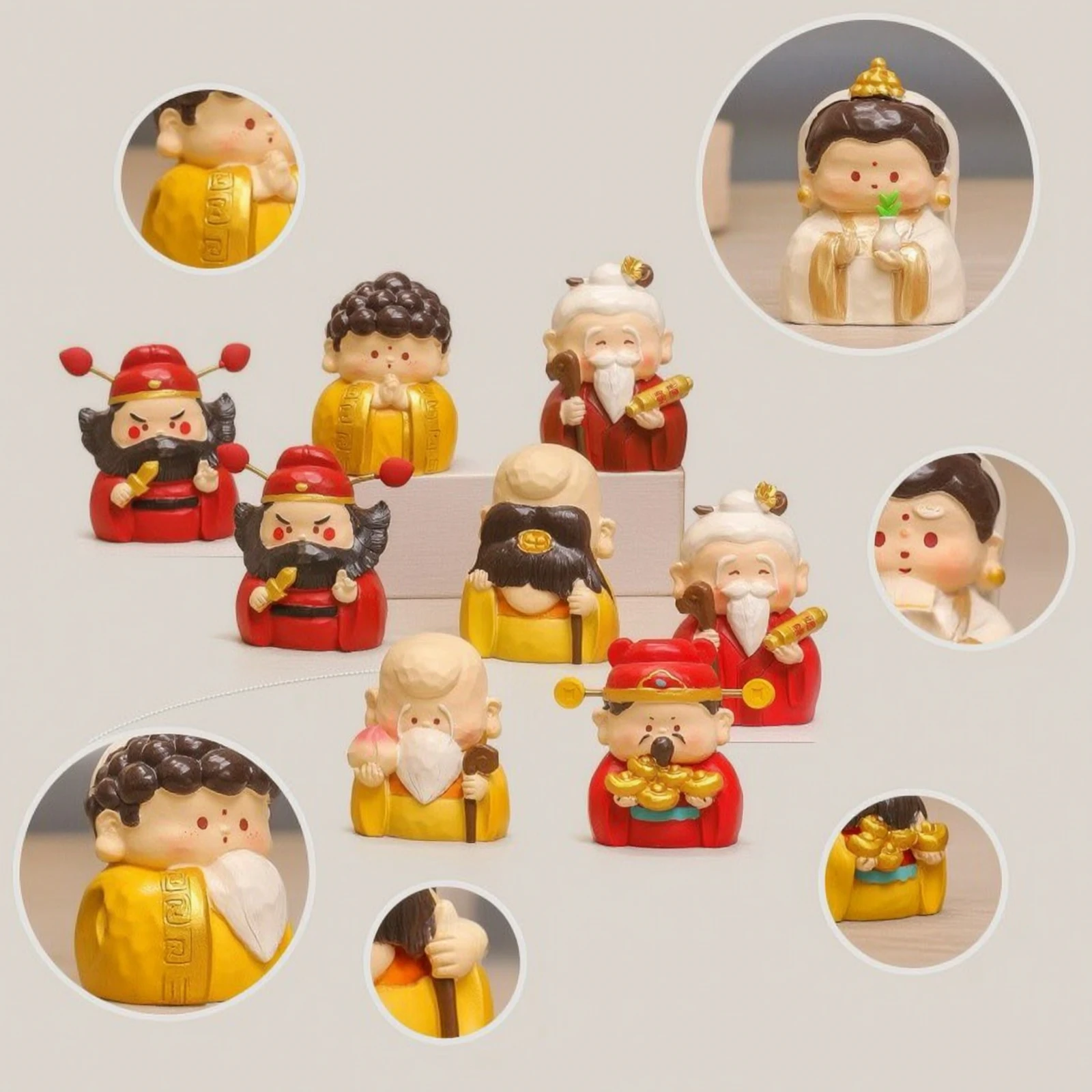 6 Pieces Chinese Deity Figurines Miniature Cartoon Deity Statues Painted for Collectors, Desk, Entryway