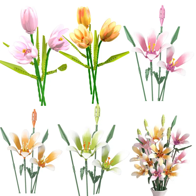 

Bouquet Flower Model Building Blocks Gradient Petals Lily/Tulip Plant Assembled Home Ornament DIY Bricks Toys Girl Holiday Gifts