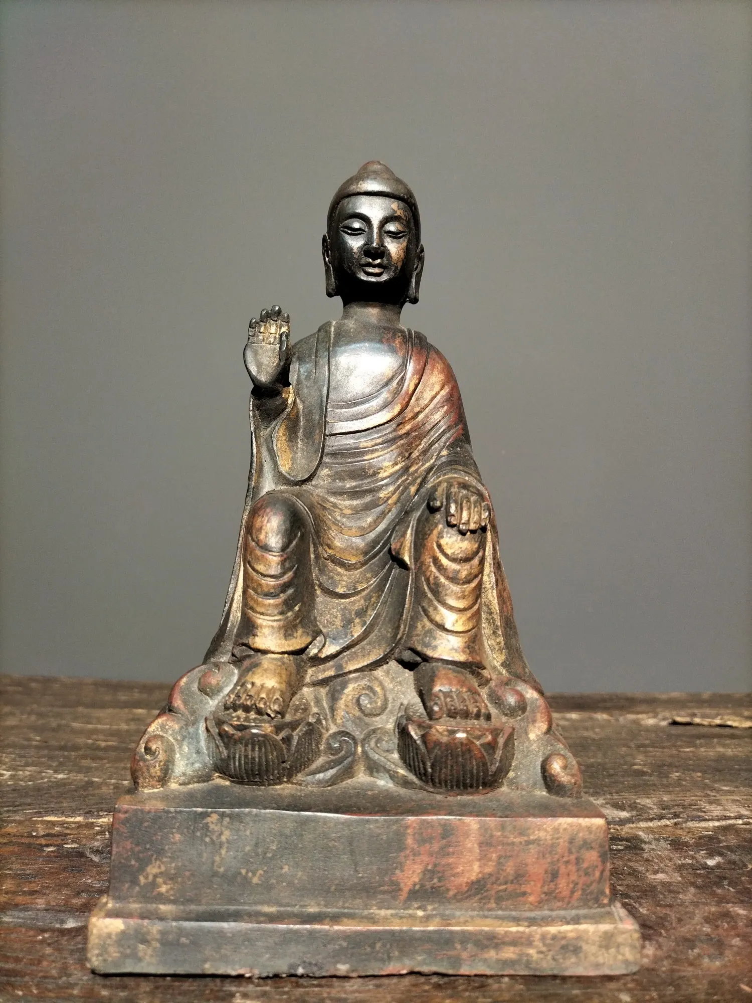 

9" Tibetan Temple Collection Old Bronze Cinnabar Mud gold Northern Wei Buddha Shakyamuni Sitting Buddha ornament Town house