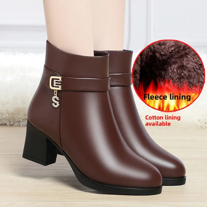 

Mom's Cotton oes Real Leather Soft Bot Anti-Slip Fce Warm Mid-Calf Work Boots Chunky Heel ort Boots Faion Boots