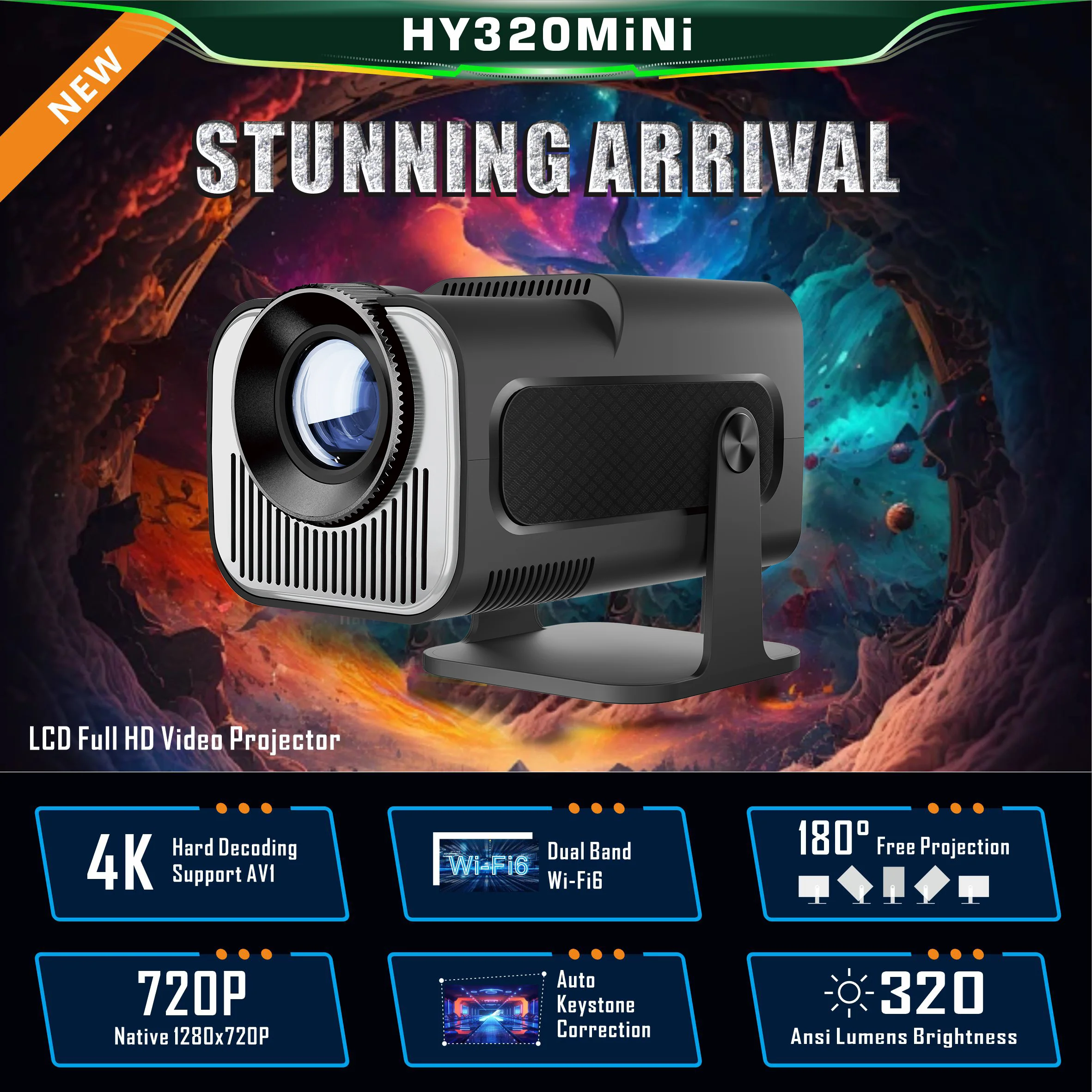 HY320 Mini Projector Android11 H713 Wifi6 320ANSI Native 1280*720P Support 1080P 4K HD BT Home Cinema Outdoor Travel Projector