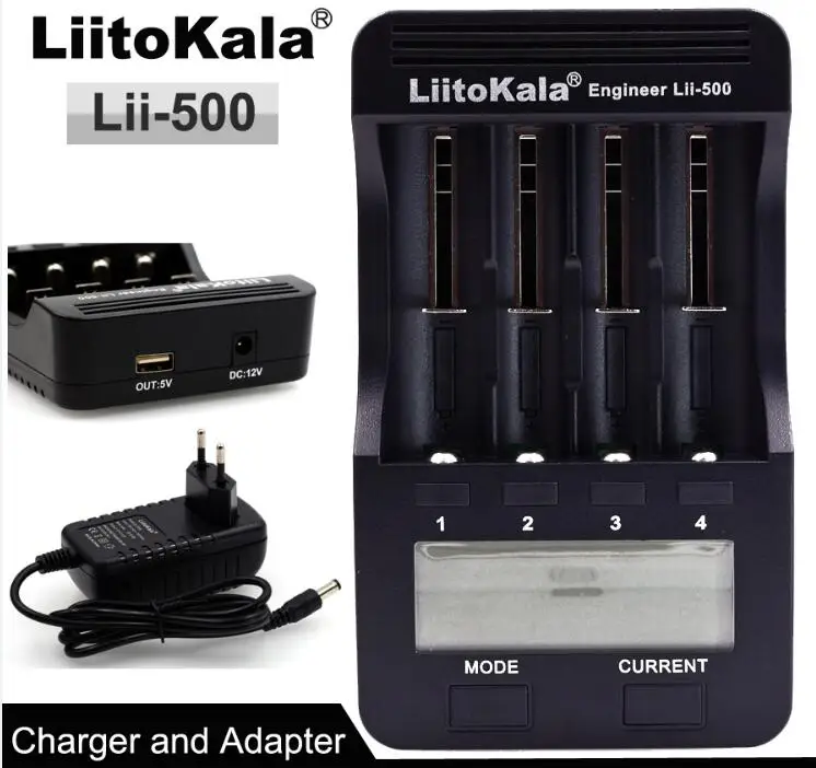 LiitoKala lii500 LCD 3.7V/1.2V AA/AAA 18650/26650/16340/14500/10440/18500 Battery Charger with screen+12V 2A Adapter USB 5V1A