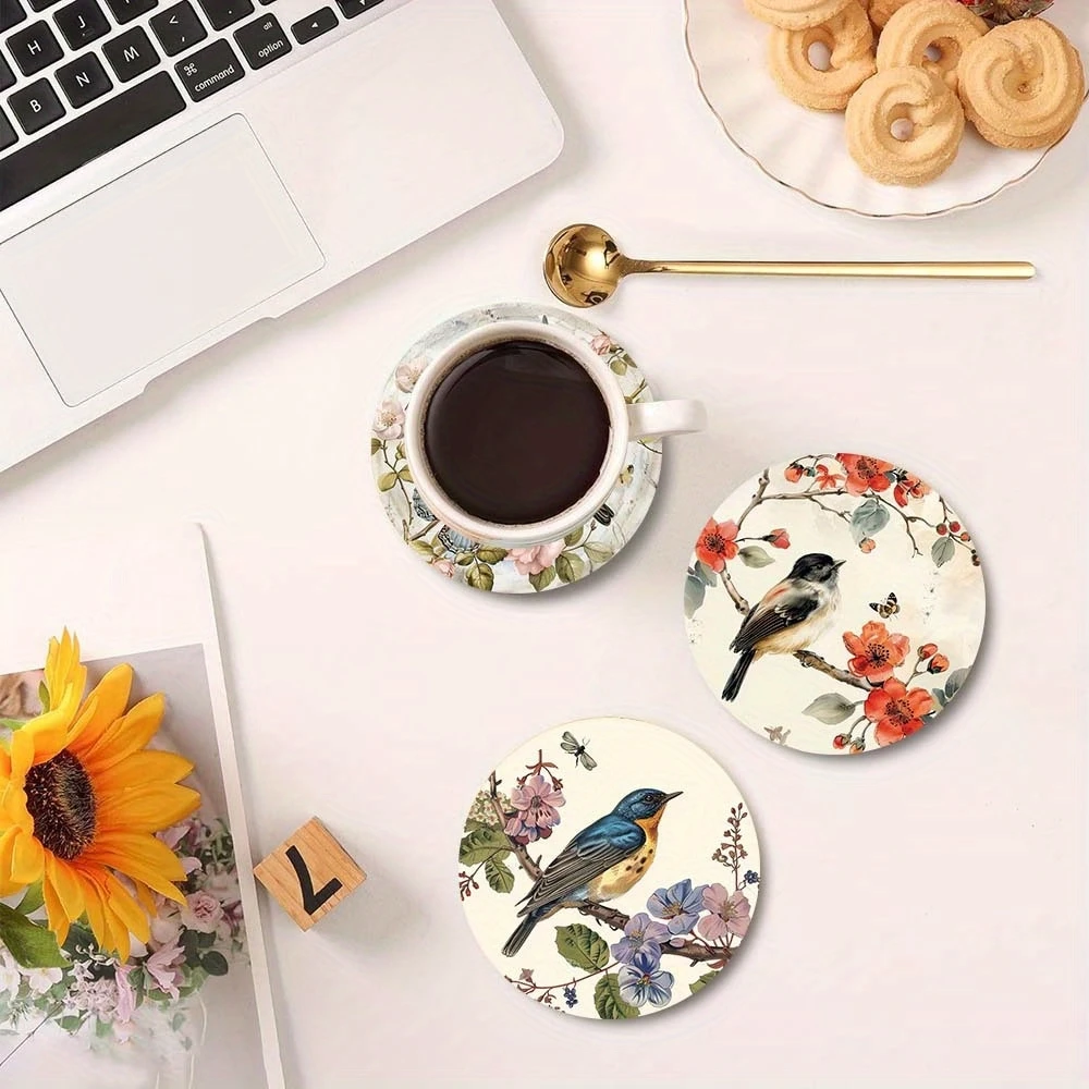 6pcs 2D Watercolor Illustration Style Wooden Coasters Featuring Bird Flower Patterns Artistic Elegant Cup Mats Home Decora Gifts