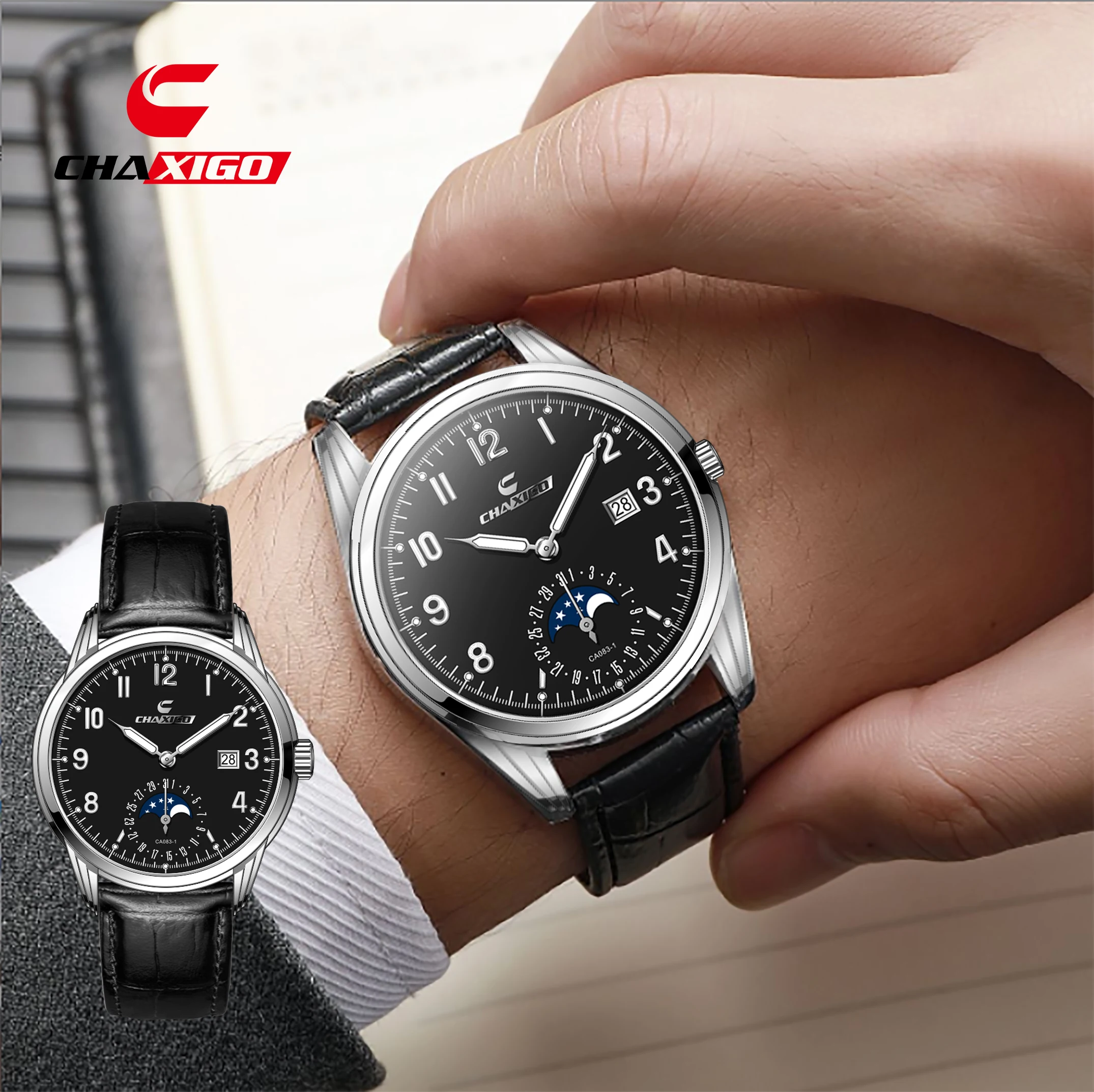 

CHAXIGO minimalist and stylish unisex ultra-thin watch with leather strap, date display, and 3ATM water resistance.