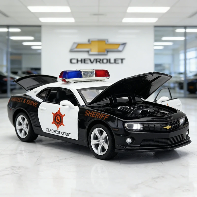 

Машинка-игрушка Chevrolet Camaro Police, масштаб 1:32, литая металлическая модель со звуком и светом, для детей