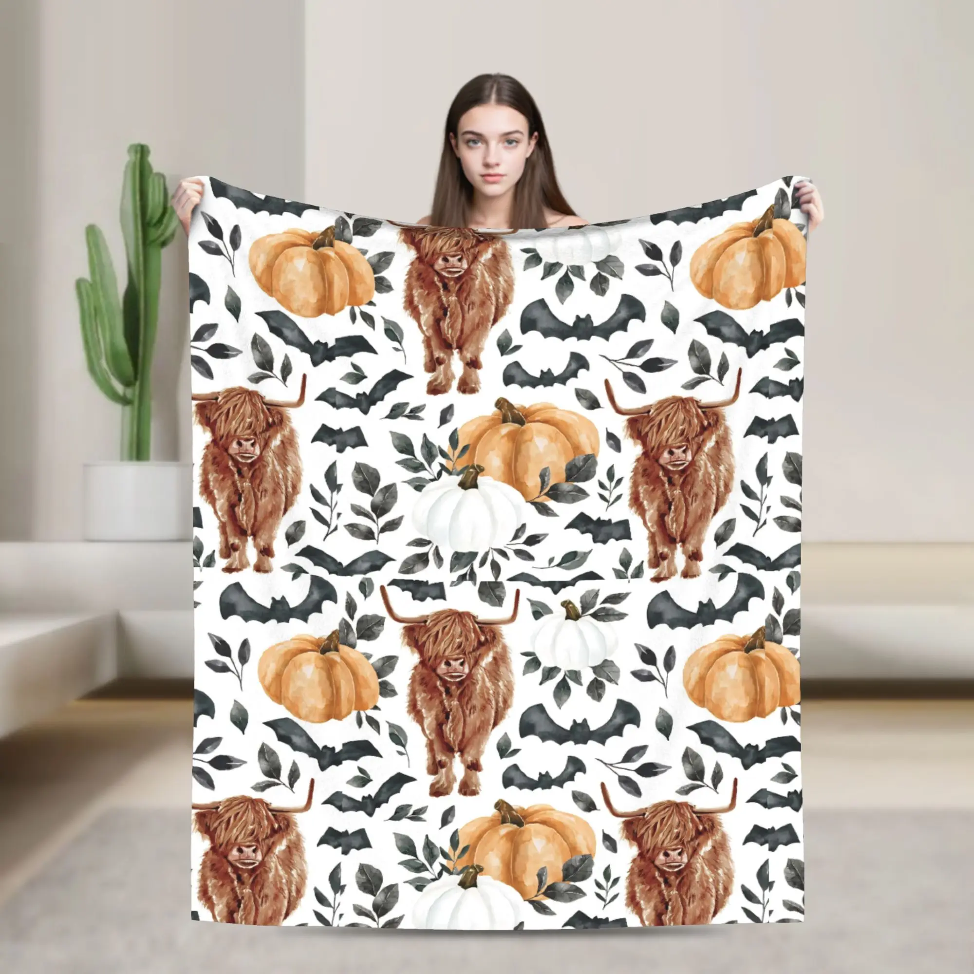 Highland Cows Fall Pumpkin Blanket Halloween Bat  Flannel Throw Blankets Bedding Couch Decoration Soft Warm Bedsprea