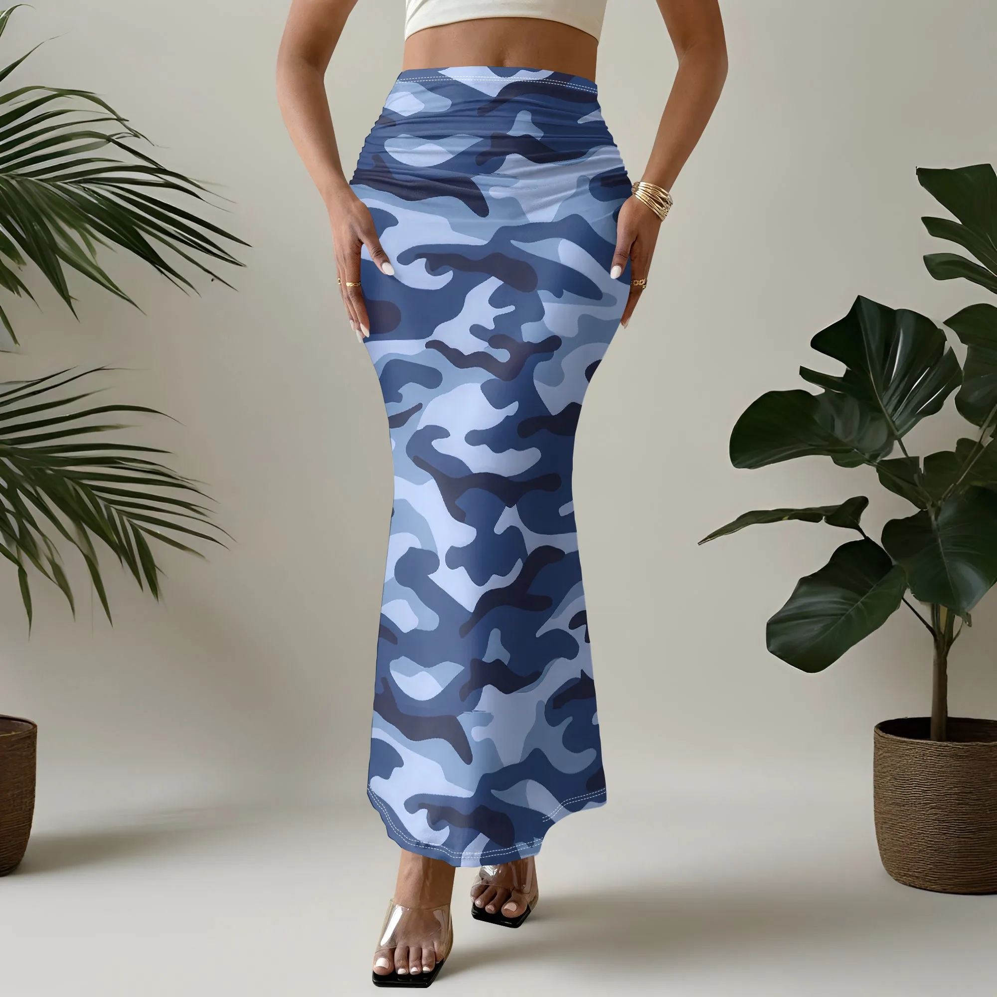Blue Camo Mermaid Skirt, Ruched Waist Maxi Skirt, Stretchy Bodycon Skirt for Women, Party Clubwear, S-2XL