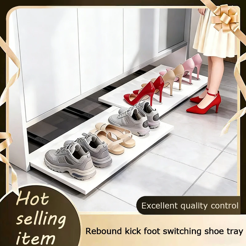 No Drill Installation Kick Drawer Pull Out Tray For Shoe Cabinet Bottom Storage With Push Open Mechanism Entryway Organizer
