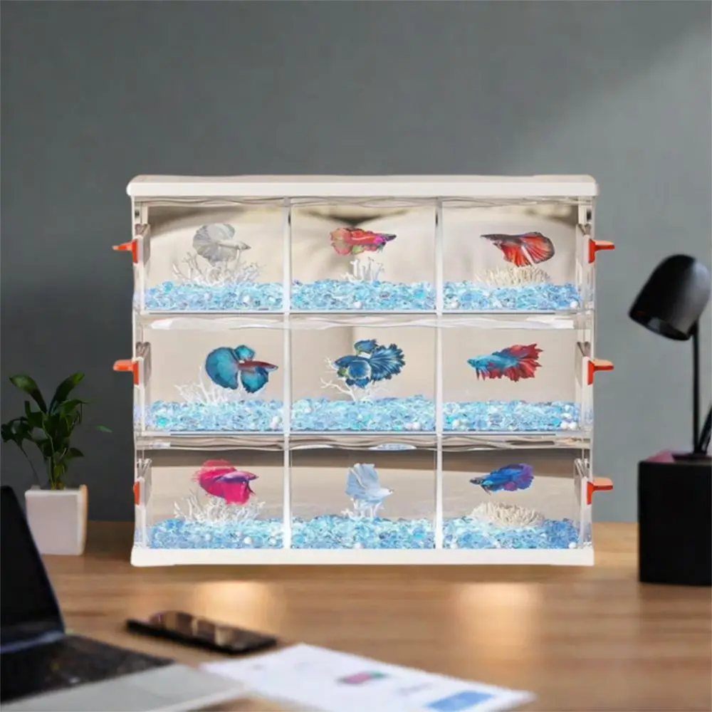 

High Definition Transparent Fish Tank Shatterproof 3 Grids Desktop Fish Tank with Light Stackable Fish Breeding Box Office