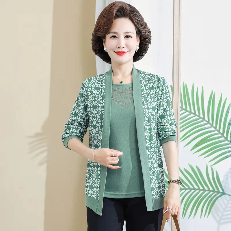 Middle Aged Mother Long Sleeve Cardigan Shirts 2PCS Spring Autumn Fashion Women Knitted T-shirt Tops And Pants Suits Female 3PCS