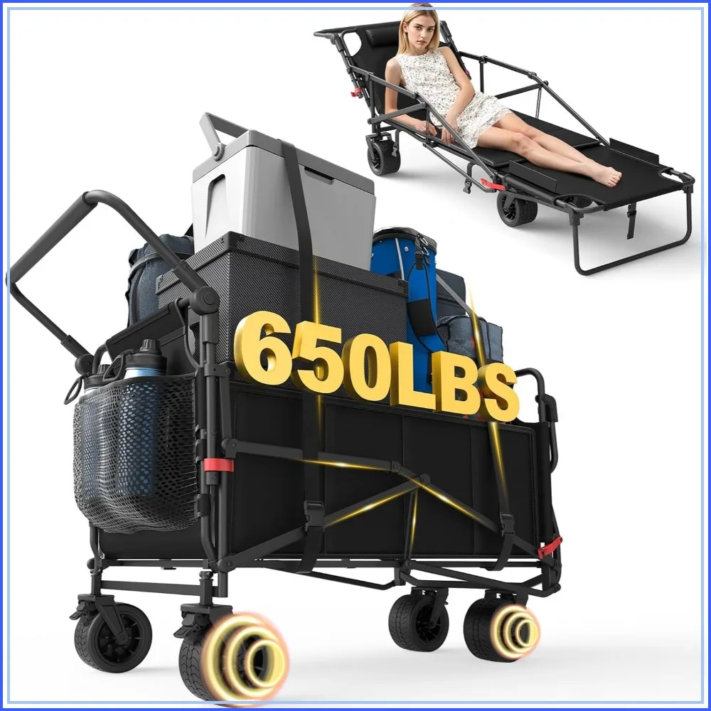 650lb Capacity Folding Wagon 2-in-1 Collapsible, All-Terrain Wheels with Brakes, Side Pockets