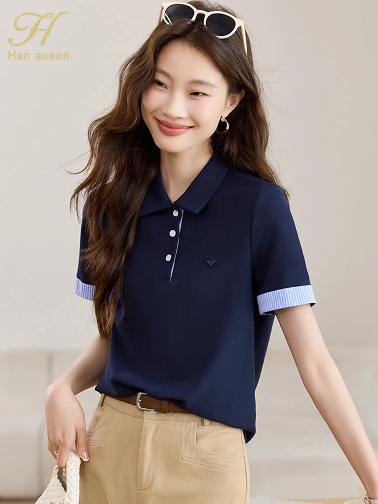 H Han Queen 2025 Summer Polo Women Tees Chic Color Matching Loose Woman Clothin… - Image 4
