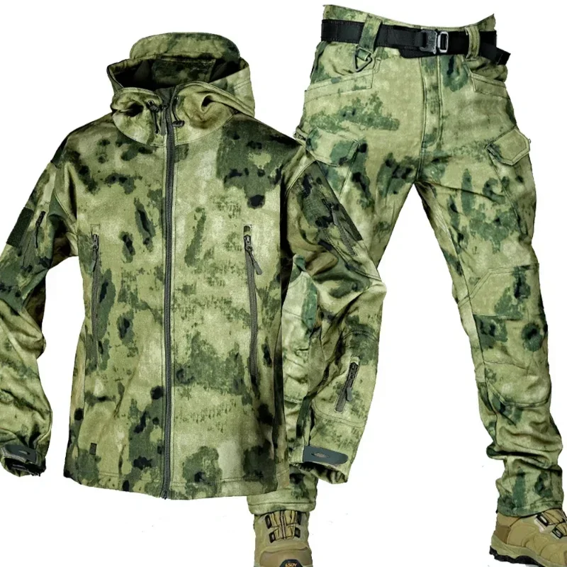 Camo Hooded Fleece Tactical Set Mens New Waterproof Thick Shark Skin Soft Shell Jackets Male Warm Multi-pocket Hiking Pants