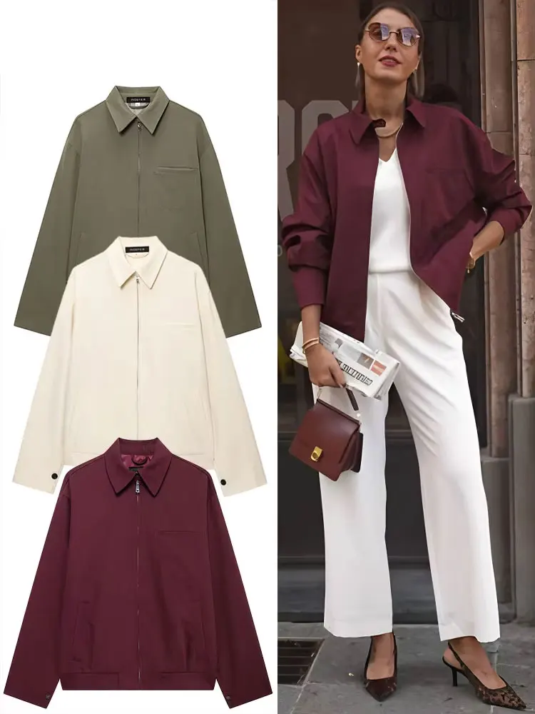 

Vintage Women's New Coat Solid Lapel Long Sleeves Loose Zipper Jacket Female Pockets Versatile Streetwear Woman Outwear