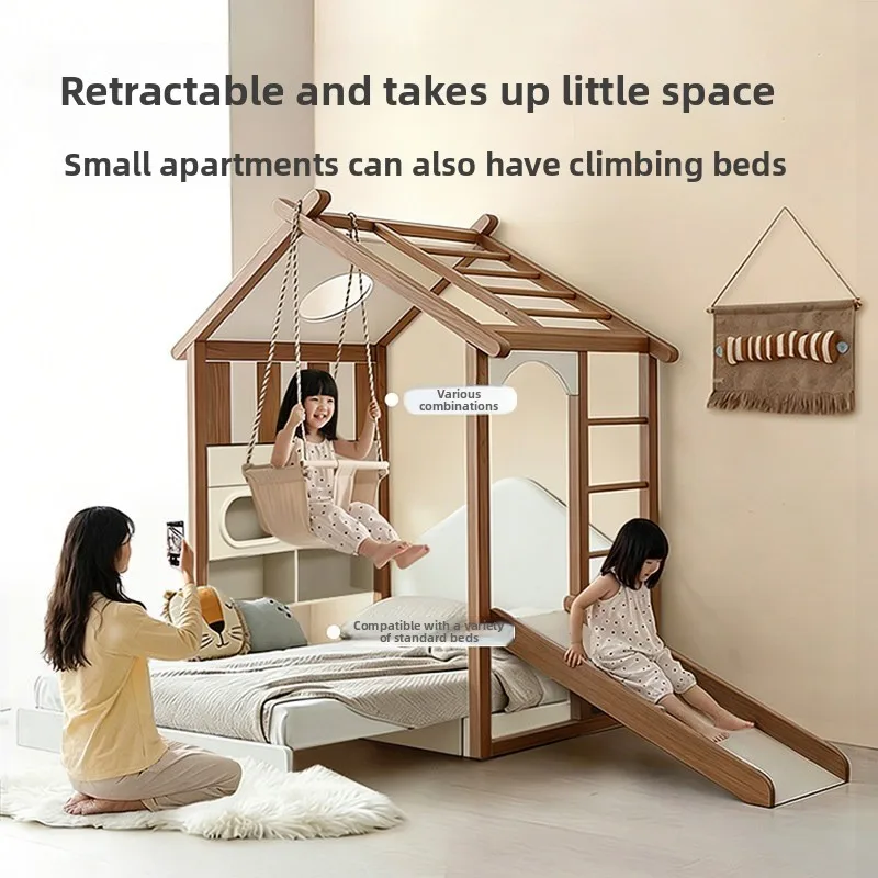Light luxury solid wood bed, retractable tree house bed, boy and girl climbing frame bed