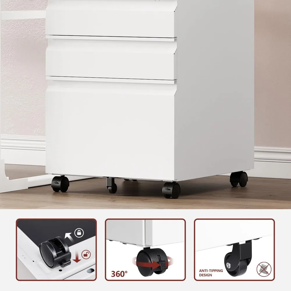Secure Rolling Metal File Cabinet with Lock, Mobile Under Desk Storage for A4/Letter Size Documents