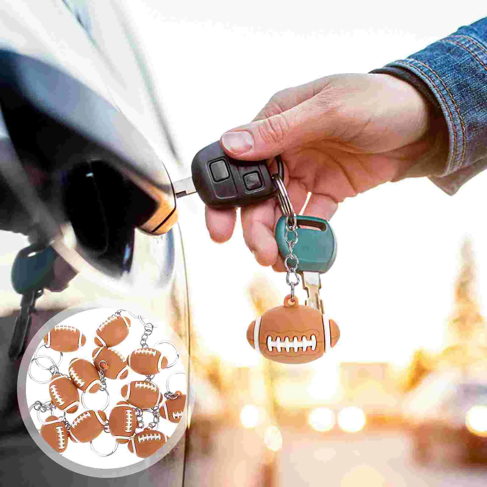 12 Pcs Football Keychain Charm Keyring Hanging Decoration Birthday Gift Rugby Zinc Alloy Soft Rubber Tote Bag