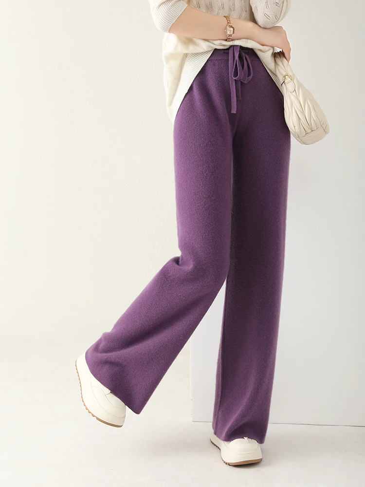 

100% Merino Wool Women's Autumn Winter Casual Fashion Solid Color Simple Elegant Wool Knitted Wide Leg Pants