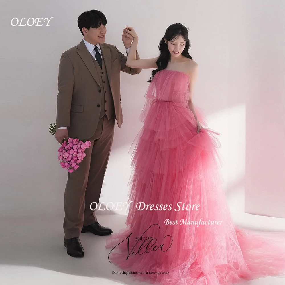 OLOEY Tiered Tulle Korea Wedding Dresses Customized A-line Pink Reception Dress Bridal Gown Photo Shoot Evening Dresses