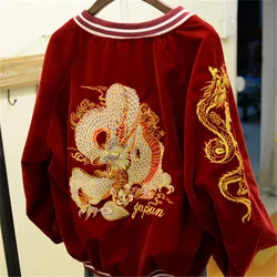 Luxury Dragon Embroidered Corduroy Baseball Coat Velvet Cardigan Zipper Bomber Jacket Couples Outwear Chaqueta Long-sleeved Tops
