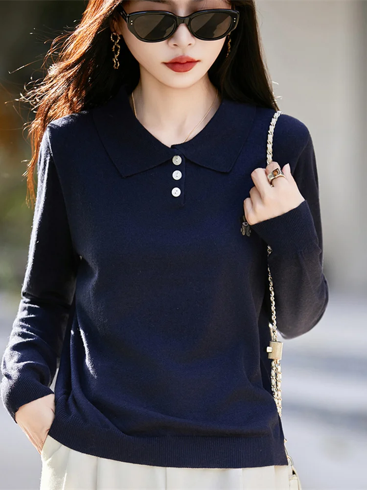 Prendas de punto bordadas con cuello retro, ropa de abrigo larga y fina de otoño con cuello vuelto, Top básico holgado y suave para mujer...