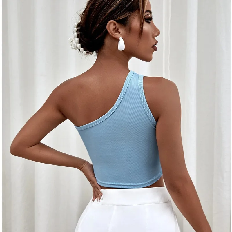 Casual Chic Sexy Tops Women Crop Vest Y2K Black Blue Summer Female One Shoulder Tanks Party Streetwear T Shirt Drop Shipping