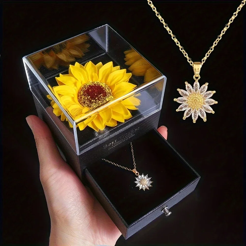 Flower Gift Box Sunflower Necklace with Gift Box Simulated Flower Gift for Girlfriend Mother's Day Birthday Valentine's Day