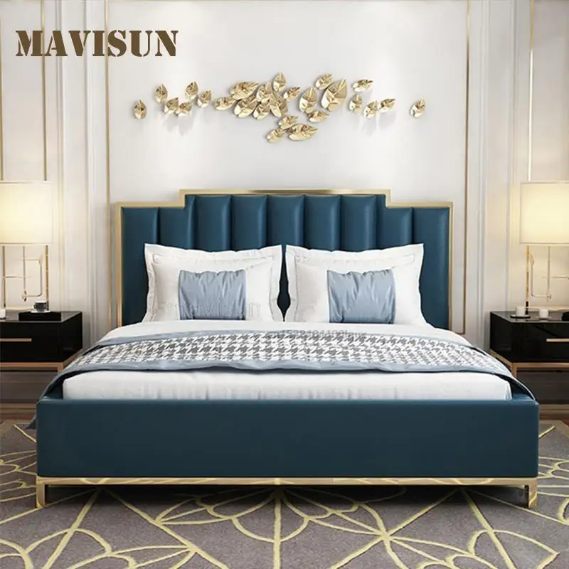 Contemporary American Style Simple And Creative Leather Bed Customized Upholstered Double Bed For Master Bedroom 1.8m Blue