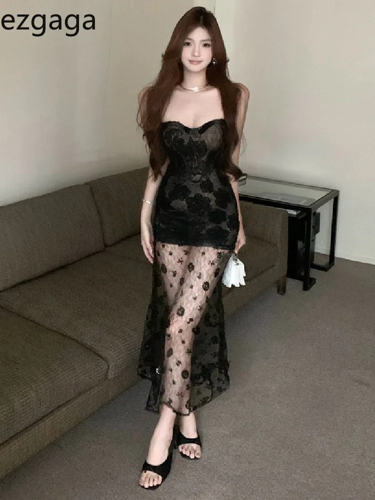 

Ezgaga Strapless Dresses Women Sequins Patchwork Mesh Lace Backless Vintage Elegant Party Dress Ladies Temperament Fashion