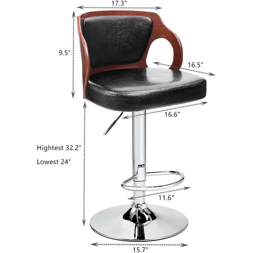 Bar Stool Walnut Bentwood Adjustable Height Leather Modern Barstools with Back Vinyl Seat Extremely Comfy Bar Stool