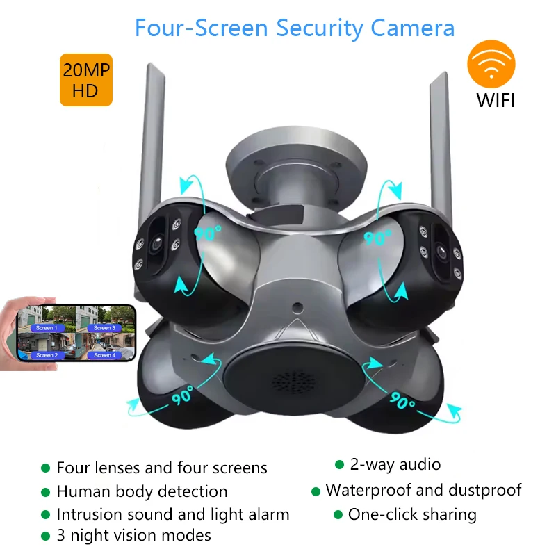 

20MP HD 4 экрана Wi-Fi камера безопасности беспроводная наружная камера наблюдения умная IP-видеокамера ночного видения с автоматическим отслеживанием человека