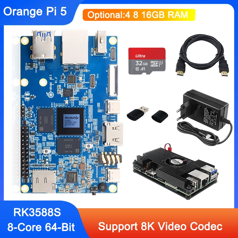 Orange Pi 5 RK3588S 8-Core 64-Bit 4 8 16GBRAM PCIE Module External WiFi+BT SSD Gigabit Ethernet Optional Power Supply Metal Case