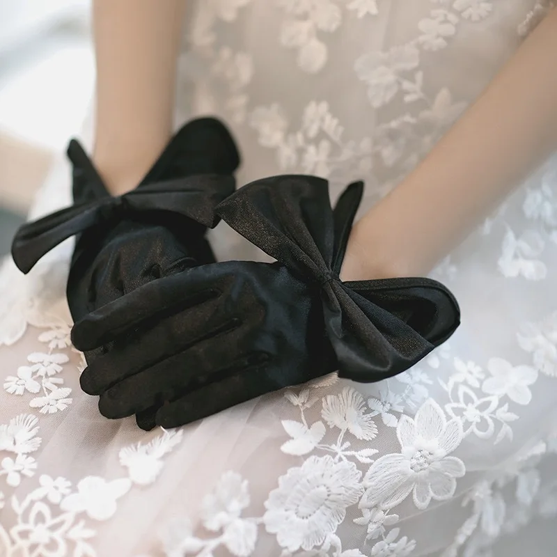 Guantes cortos con dedos completos y lazo para mujer, elegantes guantes de boda de satén blanco marfil, accesorios para vestido, cena de baile de graduación