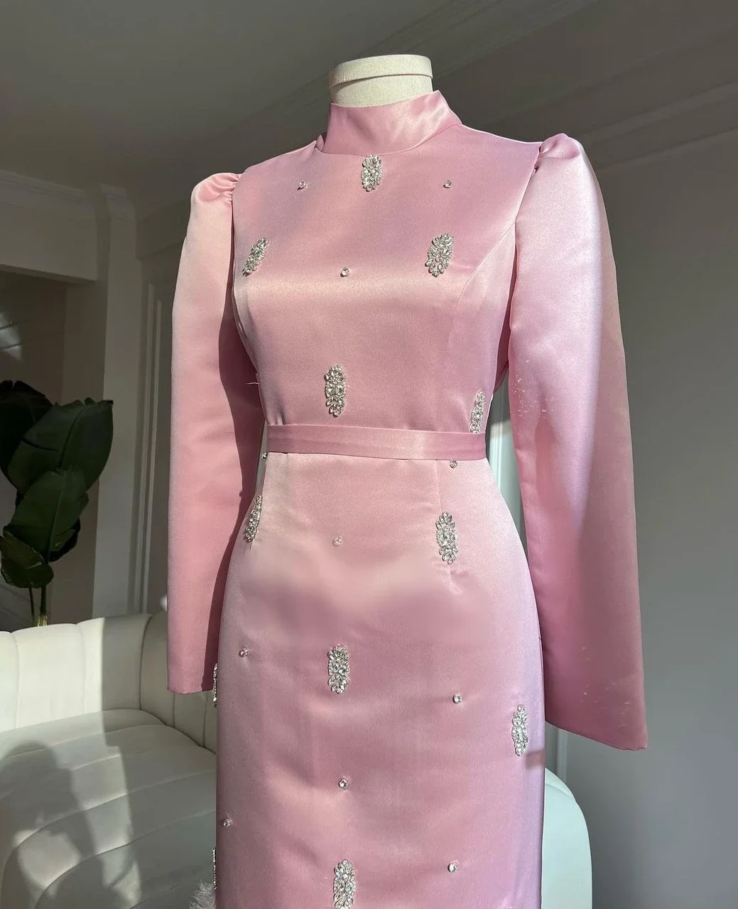 Women's Princess Pink Satin Straight High Neck Long Sleeve Embroidered Beads with Feather Realistic Evening Dress Party Ball