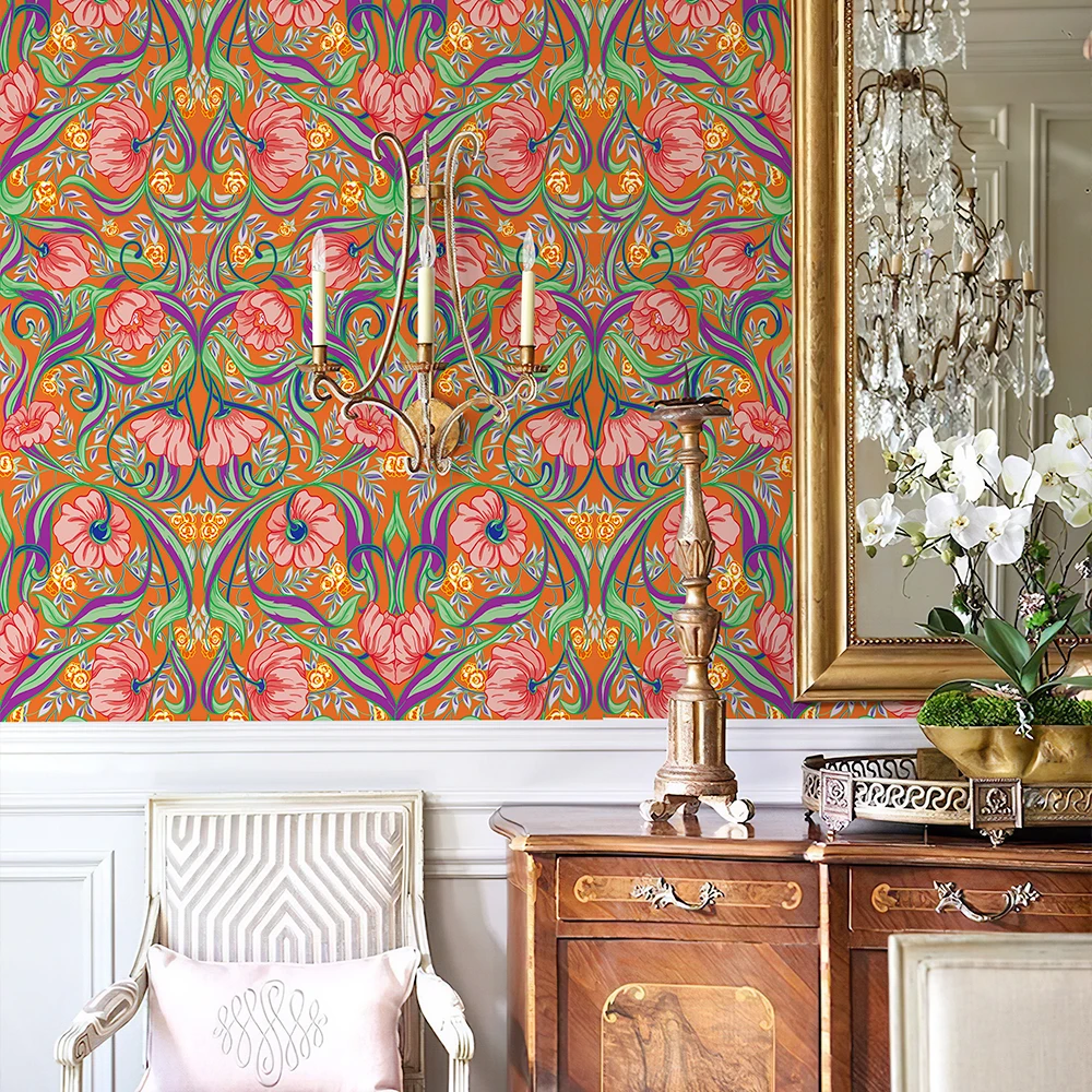 Orange Boho Flower Vinyl Wallpaper Retro Self Adhesive PVC Cabinet Sticker Chic Waterproof Kitchen And Bathroom Wall Decor
