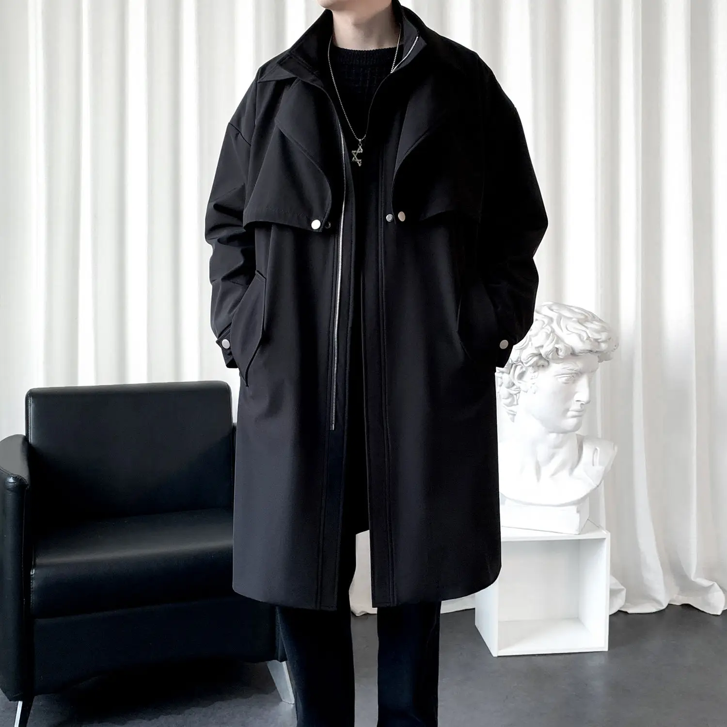 

Мужское пальто-тренч Y2K из льна средней длины, повседневное, для улицы, весеннее, легкое, мягкое, дышащее, цвета хаки, с бахромой и вышитым воротником