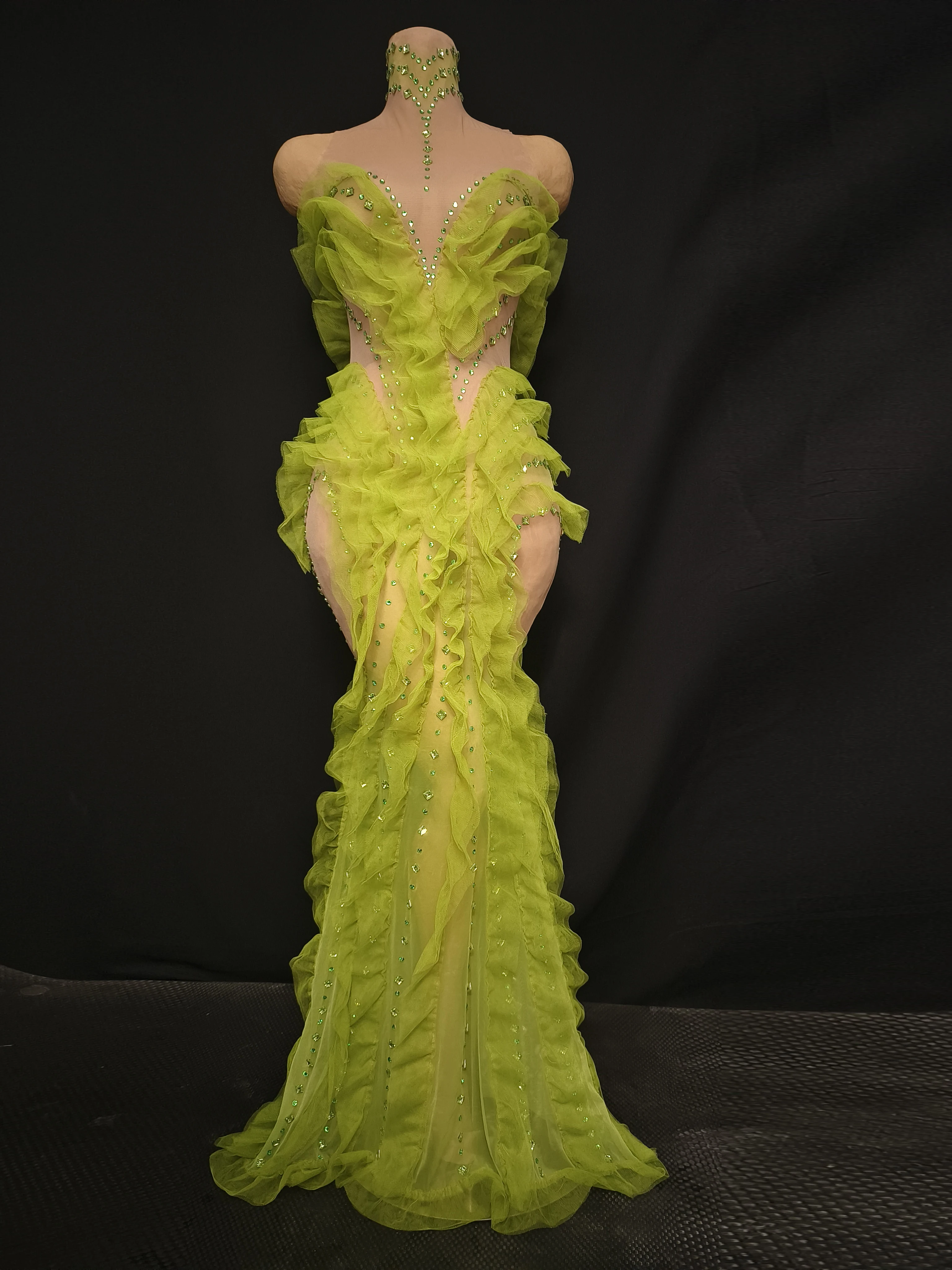 Elegant Sparkly Green Rhinestones Mesh Sheer Ruffle Maxi Dress Celebrate Eveing Birthday Party Nightclub Red Carpet Stage Wear