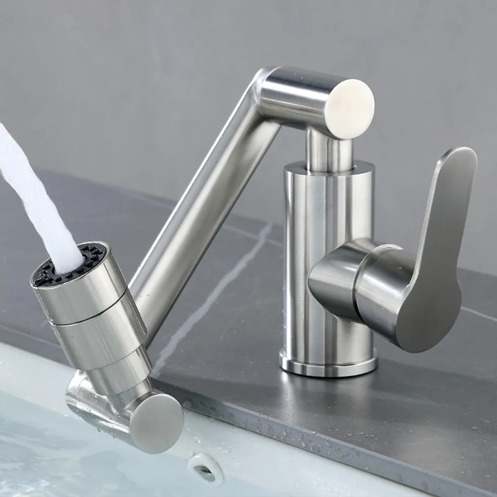 304 Stainless Steel Basin Faucet 720 Free Rotation Ceramic Valve Core Mixer Water Cold & Hot Single Handle Including Two Hoses