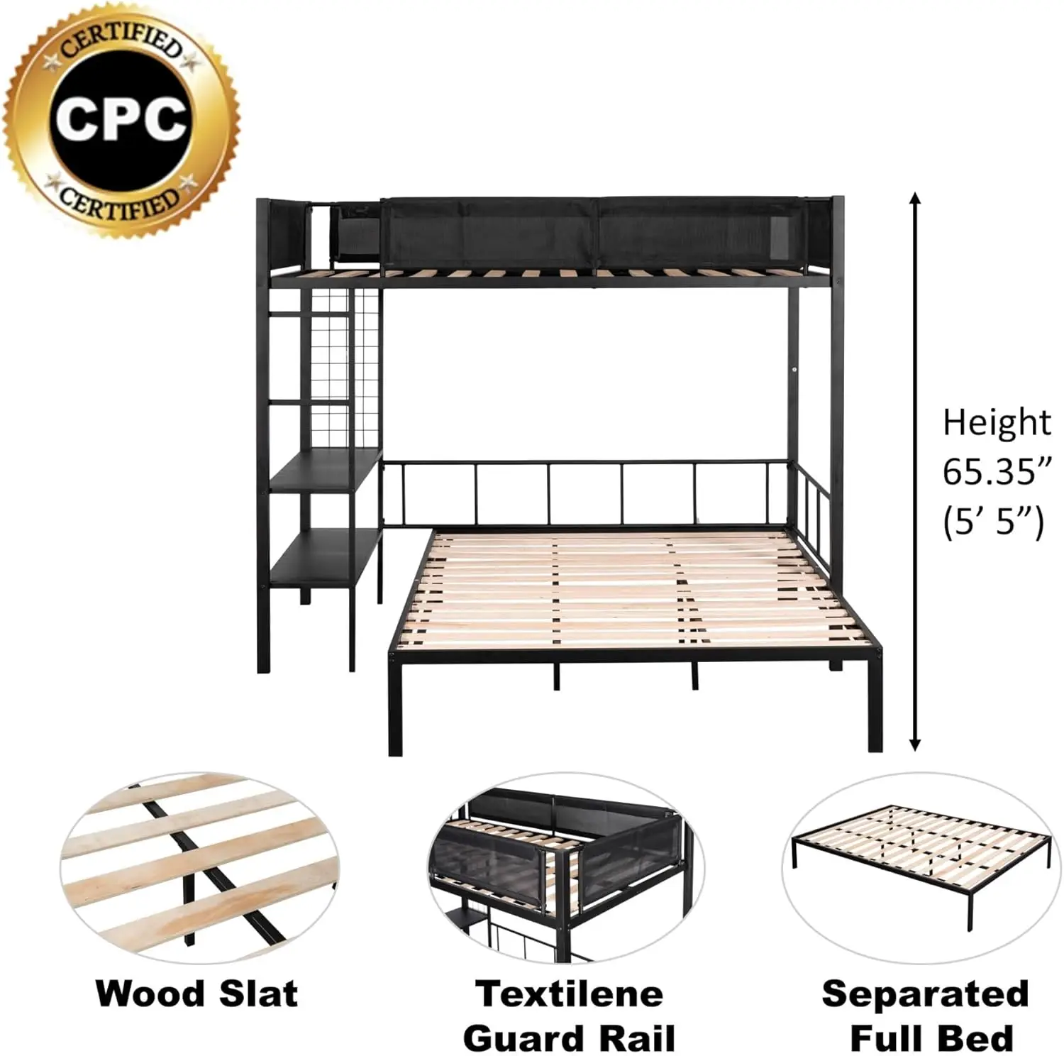 Twin Over Full Bunk Bed With Shelves & Grid Panel,Separated Full Size Bed Frame W/Noise-Free Wood Slats & Textilene Guardrail