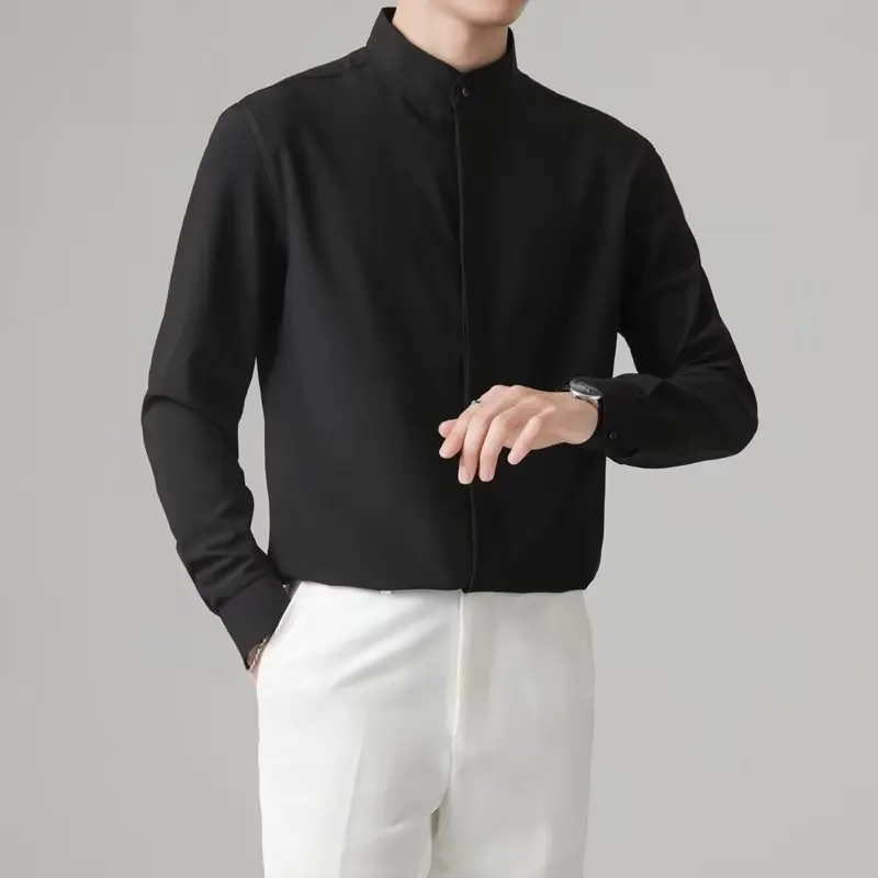 قمصان كاملة الأكمام للرجل فستان رسمي Camisa Social Masculina Luxo 2025 قميص رجالي أنيق بياقة واقفة قميص عمل اجتماعي للأعمال