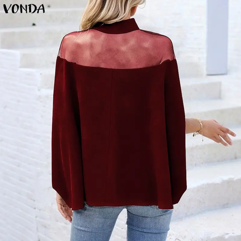 VONDA Elegante Mode Blusas Vrouwen Blouse 2026 Fluwelen Tops Mesh Patchwork Kantoor Herfst Stand Kraag Vleermuis Mouw Streetwear