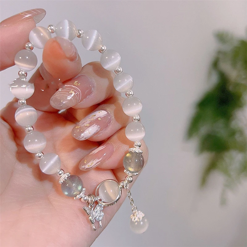 Korean Fashion Imitation Opal Bracelet Simple Ins Moonstone Crystal Bead Butterfly Pendant Bracelet Jewelry Gifts