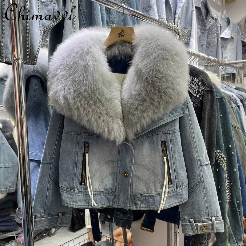 

2024 New European Fox Hair Removable Denim Fur Cotton Liner Niche Design Short Thermal Jacket For Women