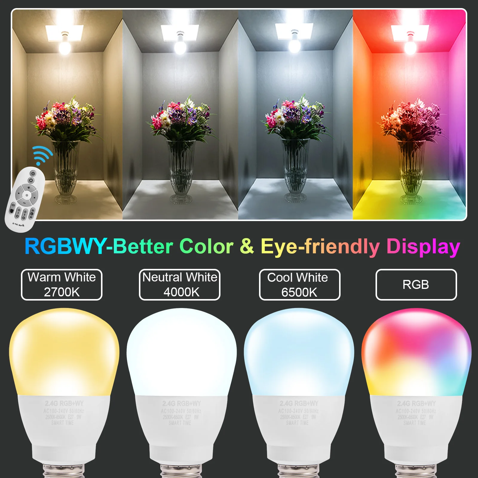 9W E27 RGBWY LED Light Bulbs 2.4GHz Wireless 2-Zone Remote Control Smart Bulb Lamp Dimmable Color Changing Light Indoor Lighting