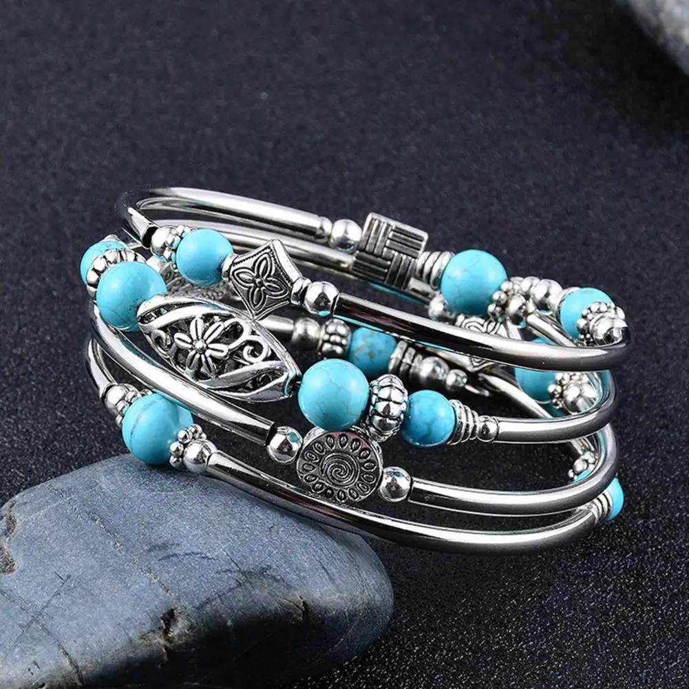 Women Bangle Natural Stones Ethnic Multi Layered Retro Female Bangle Blue Turquoise Beads Wrap Bracelet Jewelry Accessories