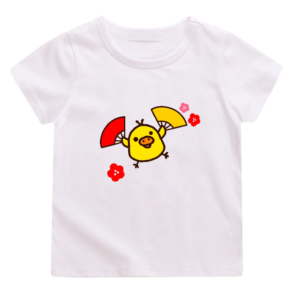 Cute Kiiroitori Yellow Chick with Flowers T-shirts Kawaii Cartoon Graphic Printing Tee-shirt for Children Boys/Girls Tees Cotton