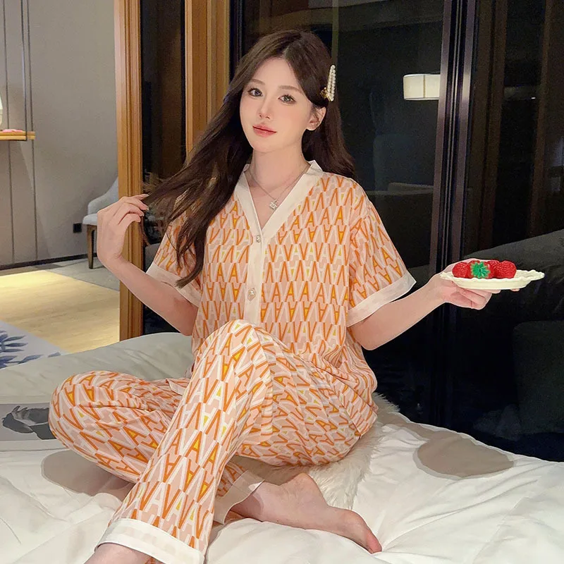 Summer 4XL Pajamas Set Female Spring and Summer Casual Gauze Home Clothe Cute Sweet Two Piece Set Sleepwear Korean Fashion Sets