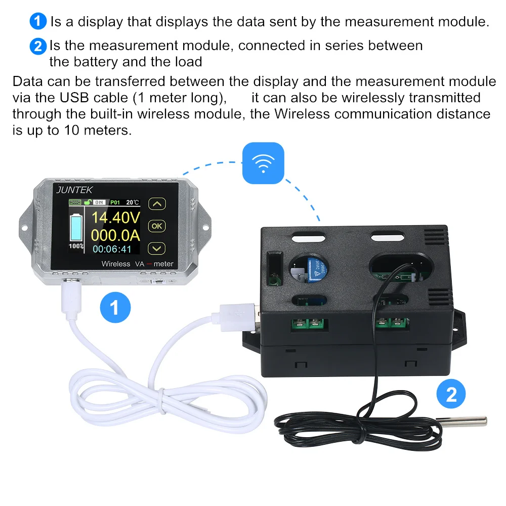 JUNTEK VAT1300 Voltage Current Meter 100V 50A~300A Wireless Coulomb Counter Bi-directional Car Battery Monitor Wattmeter VAT1200