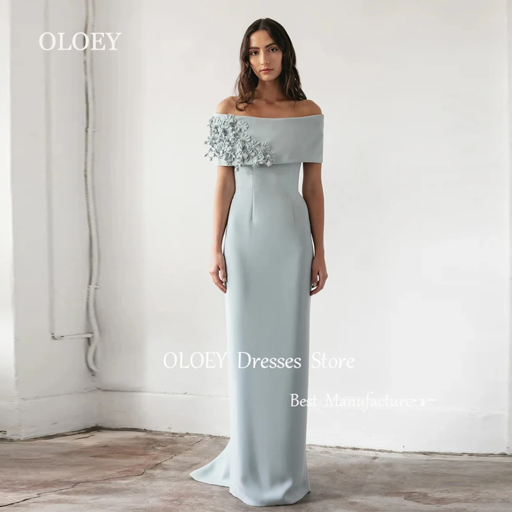 

OLOEY Customized Blue Straight Evening Dress Off Shoulder Appliques Wedding Party Dress Pleats Women Prom Gown