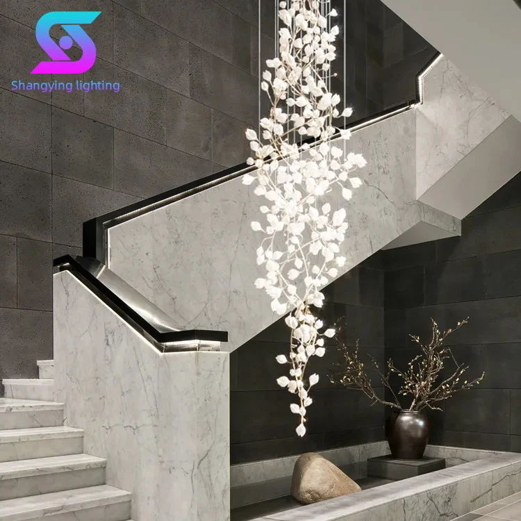 

Custom Floral Design Modern White Ceramic Art Deco Chandelier Remote Control Lighting for Hotel Lobby Dining Adjustable Height